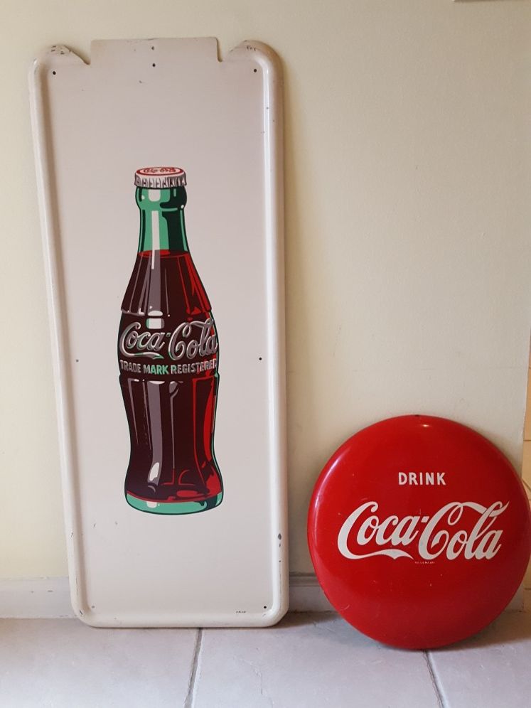 Vintage 1947 Coca Cola Pilaster sign w/16" button