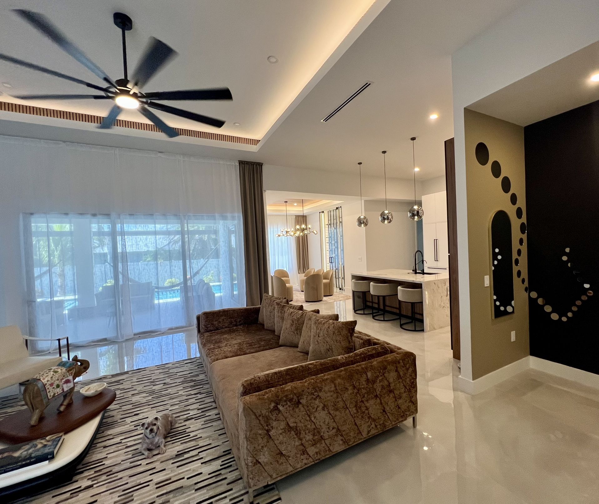 Good Opportunity. Modern Contemporary Velvet Gold extended extra size sofa with 6 pillow same material and two extra white pillows. 118 W x 59 D x 30 