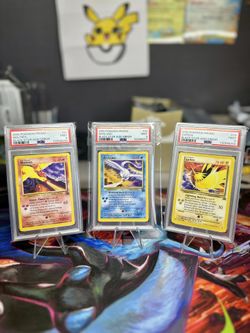 2000 POKEMON PROMO BLACK STAR #21, #22 & #23 MOLTRES, ARTICUNO & ZAPDOS BLACK STAR-AOKI ERROR PSA 9s Pokémon Cards