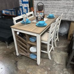 Counter H. Table W/ Wine Rack and Shelves, 5 Pcs Set, 1 Table, 4 Chairs, SKU#10D394-4C