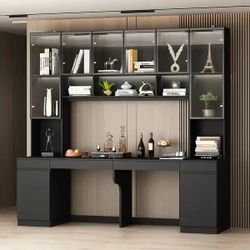 90.6 in. W Black Wood Computer Gaming Desk Home Office Desk, with 82.7 in. H Bookshelf, LED Lights, Drawers, Cabinets