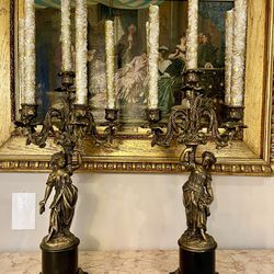 Antique Pair of Neoclassical Style Bronze Six-Arm Figural Candelabra