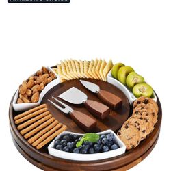 Shanik Acacia Wood Lazy Susan Cheese Board Set – Rotating Charcuterie Platter, Elegant Serving Tray for Appetizers, Snacks, Parties & Weddings