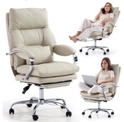 Cream Reclining Office Chair with Footrest, Ergonomic PU Leather Desk Chair