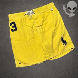Polo Ralph Lauren Swim Trunks Mens L Yellow Big Pony 3 Board Shorts Vintage
