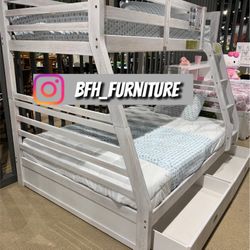 Twin/Full Brush White Bunk bed w. Drawers & Orthopedic Mattresses Included 