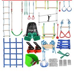 50FT Ninja Warrior Obstacle Course for Kids - Double Slacklines with 10 Most Complete Accessories for Kids, Swing, Trapeze Swing, Rope Ladder, Obstacl