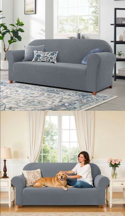 1 piece Jacquard stretch sofa cover, polyester spandex slipcover, Universal fit living room furniture protector,  light gray