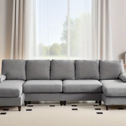 Modern 4-Seat U Shaped Sectional Sofa - Light Gray Couch With Chaise, 115” New & Assembled
