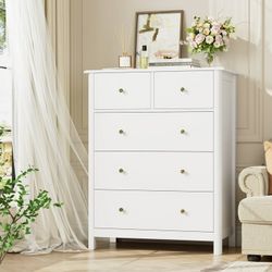 Homfa White Dresser of 5 Drawers, Dresser Chest with Easy Pull Handle for Bedroom, Living Room
