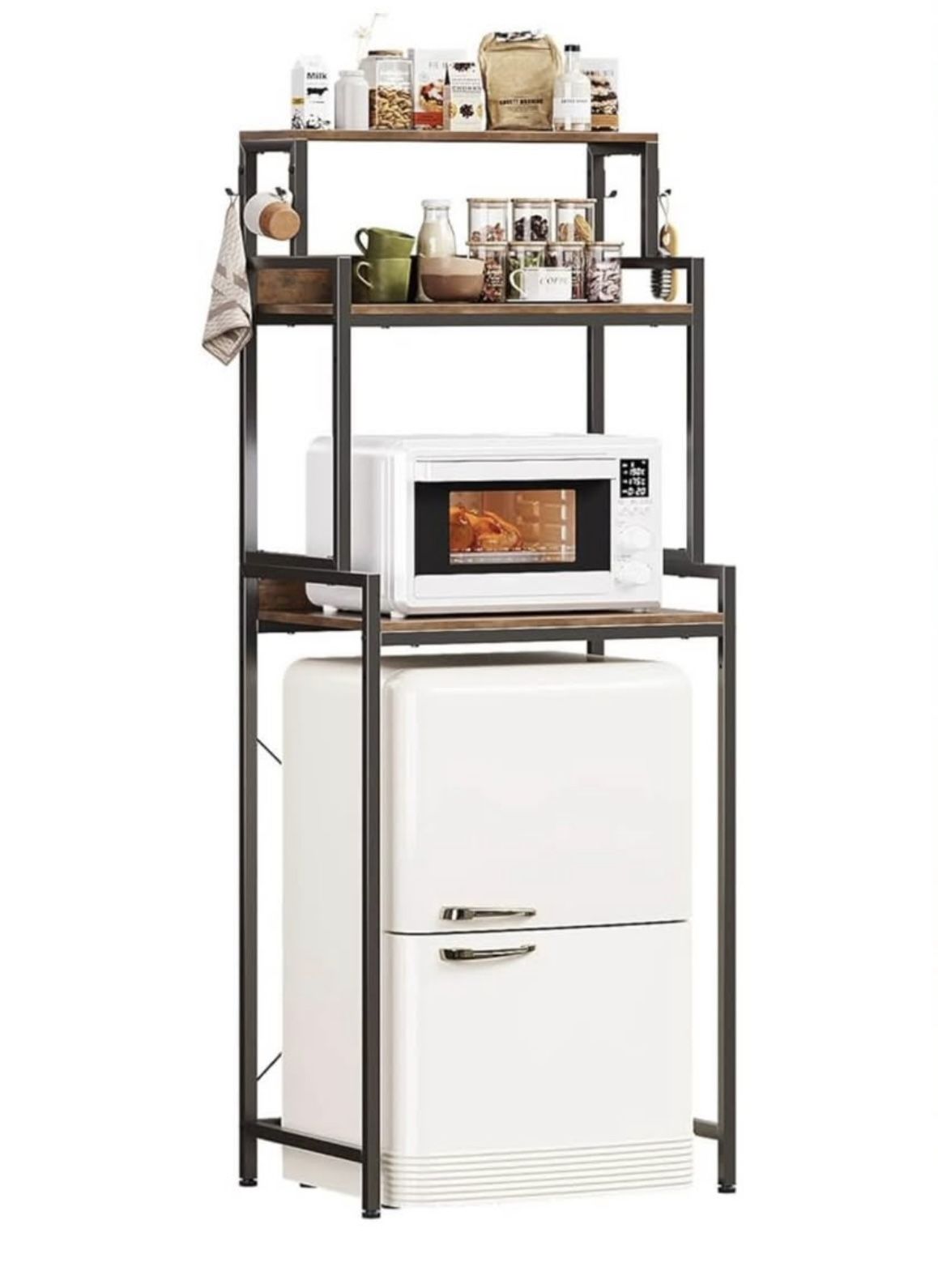 3-Tier Mini Fridge Stand Kitchen Bakers Rack with Adjustable Shelves, Freestanding Microwave Stand