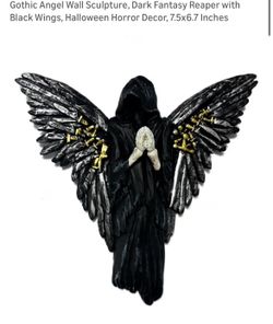 Gothic Angel Wall Sculpture, Dark Fantasy Reaper with Black Wings, Halloween Horror Decor, 7.5x6.7 Inches