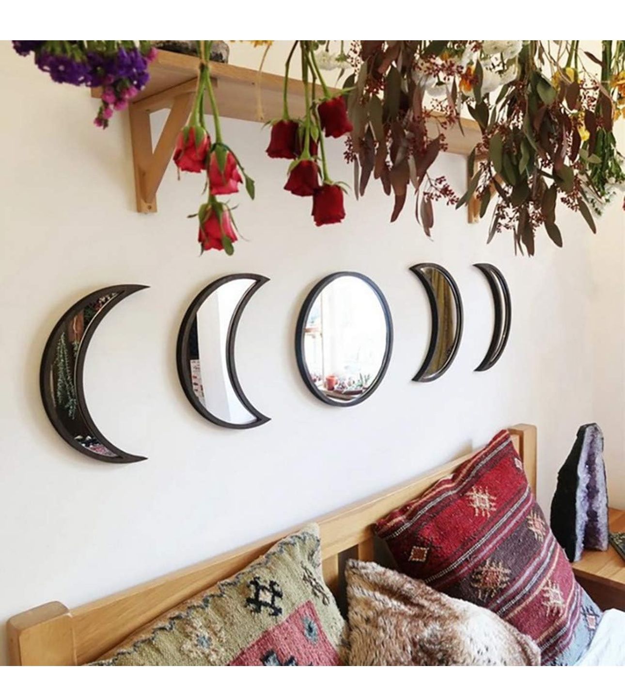 Keweis 5 Pieces Scandinavian Natural Decor Acrylic Wall Decorative Interior Design Wooden Moon Phase Mirror Bohemian Wall Decoration for Home Living R