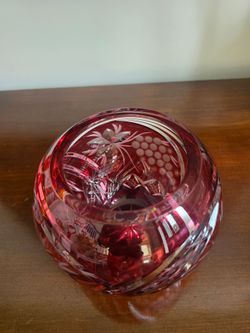 Cranberry cut-to-clear crystal rose bowl with grape and vine motif