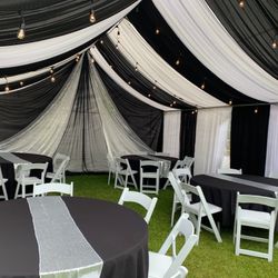 Draping——-tent——tables——-tablecloth———backdrops——-balloongarland———chairs———