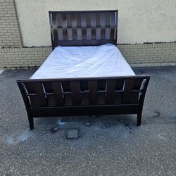 Brown Queen Size Sleigh Bed Frame With Brand New Queen Size Plush Memory Foam Serta Mattress  And Box Spring In Plastic 