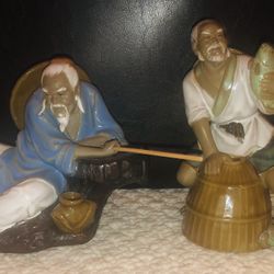 2 Vintage Porcelain Old Man Asian Statues 7 X6” & 5x7” GC