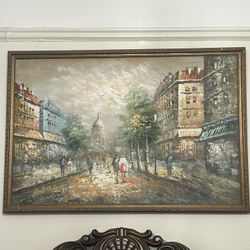 Large Framed Vintage Paris Street Scene Oil Painting