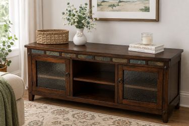 Beautiful 72” Solid Wood TV Stand / Media Console – Espresso Finish – Unique Tile & Tempered Glass