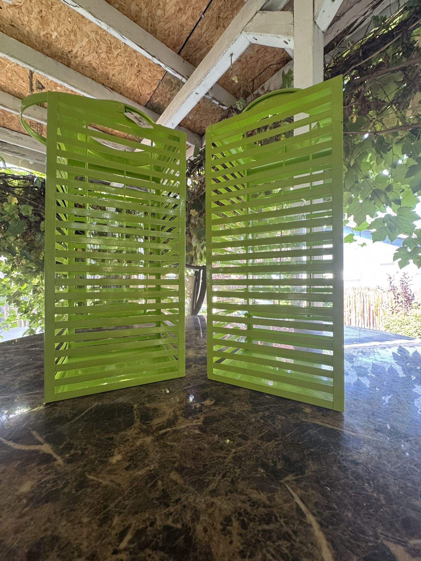 Pair of Decorative Green Metal Slatted Lanterns β Patio Candle Holders