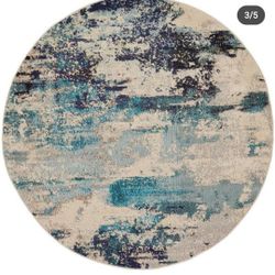 đčđđčR21#49 ($45) Nourison Celestial Ivory/Teal Blue 4 ft. x 4 ft. Abstract Modern Round Area Rug