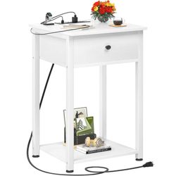 Ecoprsio Nightstand With Charging Station, White End Table Side Table With USB Ports, Wood Night Stand, White Bedside Table With Drawer And Shelf For 