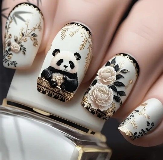 24-pcs. Panda & Floral Design Short Press-On Nails