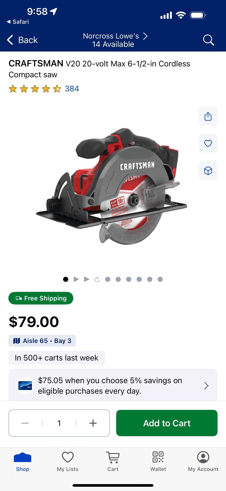 Craftsman - V20* Cordless 6-1/2-in Circular Saw (Tool Only) model: CMCS500B