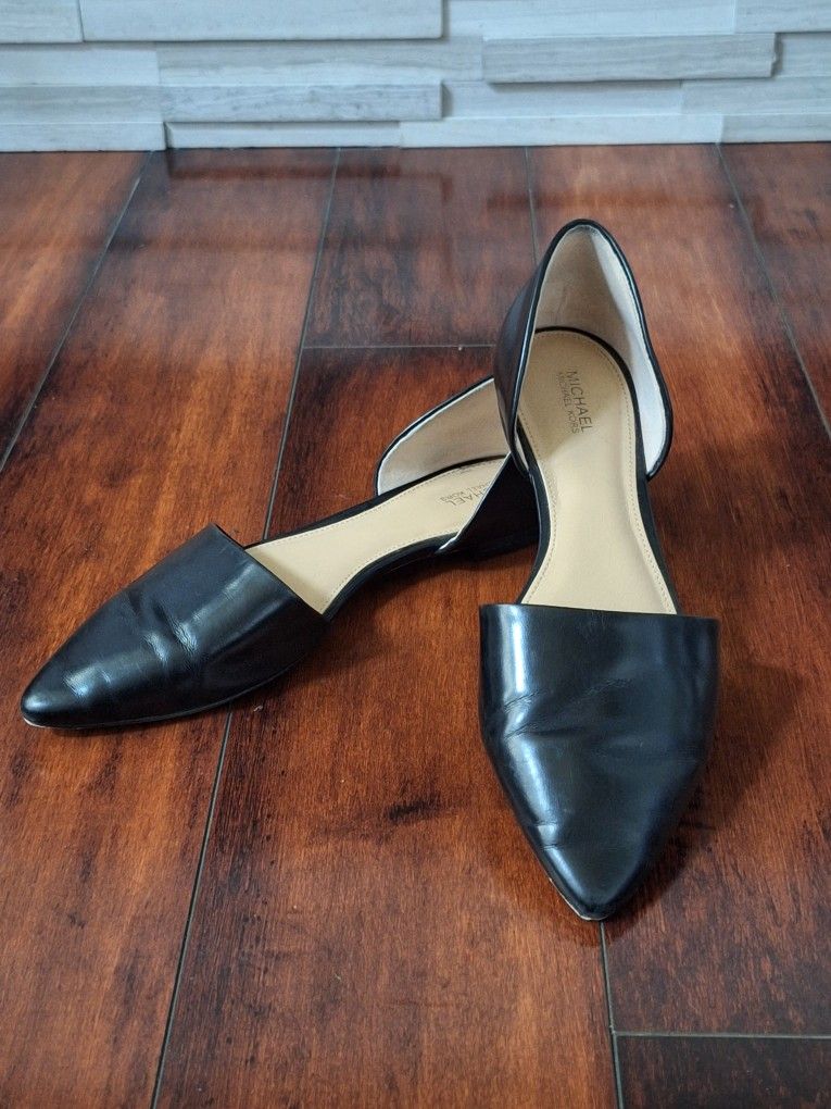 Michael Kors Julieta Flat Black leather flats Silver tone SIZE 8.5M