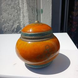 Middle Eastern Traditional Arabian Bakelite Lidded Jar in Burnt Orange and Yellow w Filigree Mix-Metal Accents, Bohemian Home Décor