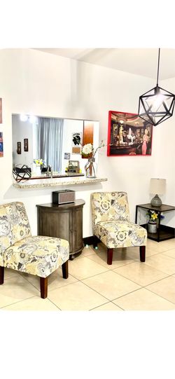 Two sofa chairs table, bar furniture a lampm