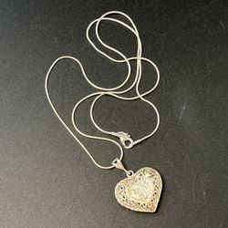 Sterling Silver Filigree Puffy Heart Love Birds Pendent Charm 24" Chain Necklace