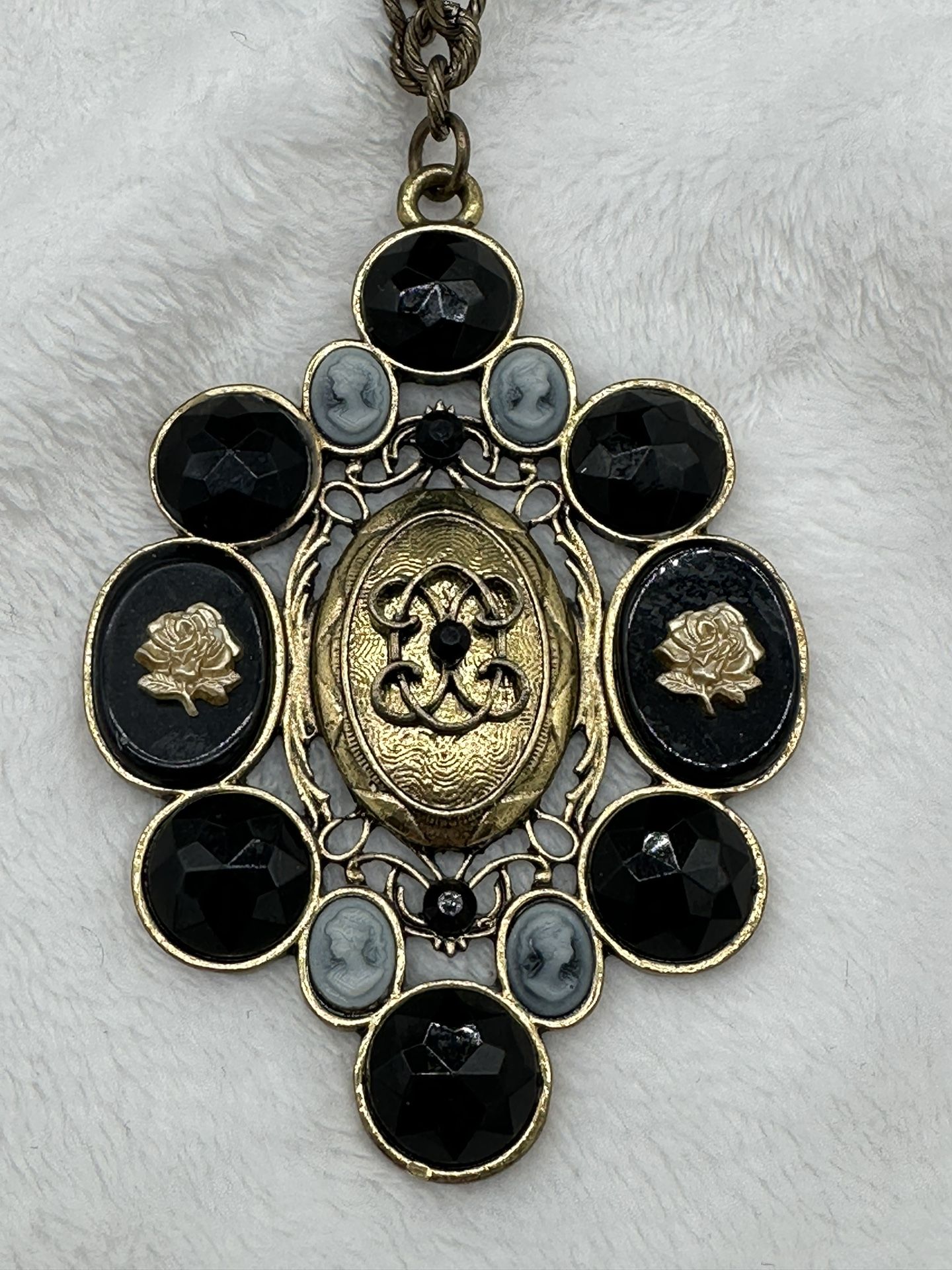 Vintage Huge Cameo Faux Onyx Diamond Shaped Pendant 4” X 2 3/4”  Necklace Rose & Rhinestones 32” Long Nice!