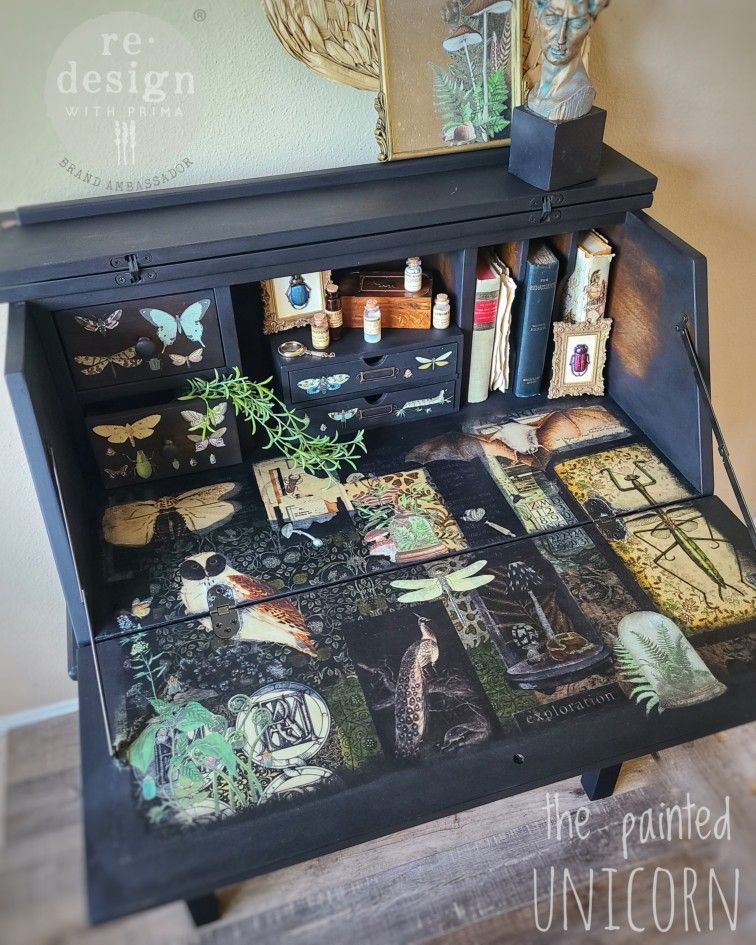 Dark academia entomology refinished small secretary desk