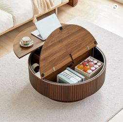 Round Coffee Table with Flip Top and Lift Top, Round Coffee Table with Hidden Compartments Storage