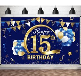 pancarta de feliz cumpleaños número 15 de color azul y dorado, decoración de fiesta, 72.8 x 43.3 pulgadas, suficiente para resaltar tu fies