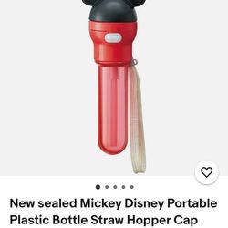 New sealed Mickey Disney Portable Plastic Bottle Straw Hopper Cap with Case Mick