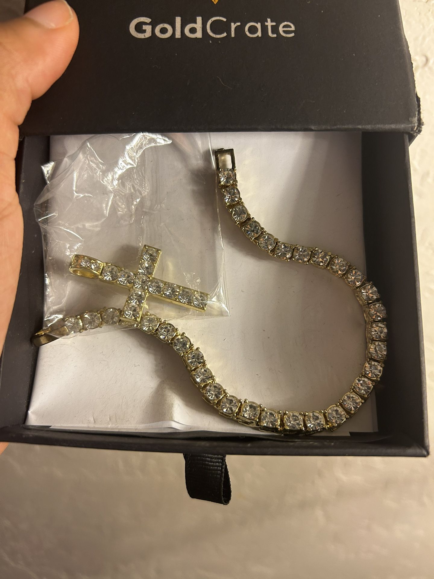 14K Gold Crate Tennis Bracelet with Cross Charm