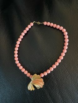 Pink Beaded Necklace with Gold Fan Pendant
