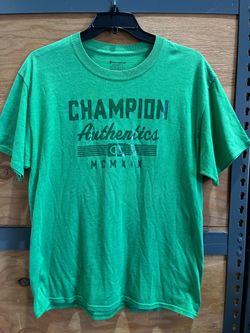 Champion green t-shirt with Dark green text reading 'CHAMPION Authentics' with a logo and 'MCMXIX' below, Men size L