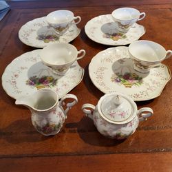 L&M Bristol Gardens Vintage China Tea Cups, Plates, Pitcher & Sugar Bowl