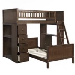 Twin Over Twin Solid Wood Bunk Bed in Gray- w/ 4 Drawers, Desk, & Bookcase – Harriet Bee