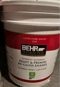 5 gallon Behr ultra white premium interior & exterior paint and primer high gloss enamel