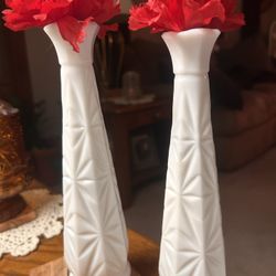 Vintage 1950's Anchor Hocking White Milk Glass Starburst Bud Vases PAIR