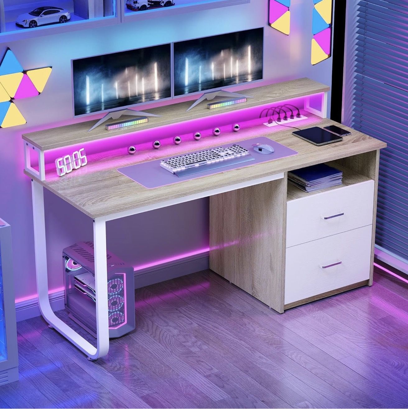 Computer Desk with Drawers, 47.2" Office Desk with Power Outlets & LED Light, Home Office Desk with Storage Shelves, White & Oak