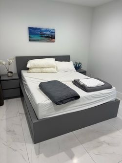 IKEA Gray Queen Bed Frame + 2 Night Stand and 2 drawers