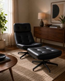 Mid-Century Modern Leather Swivel Lounge Chair & Ottoman - Black