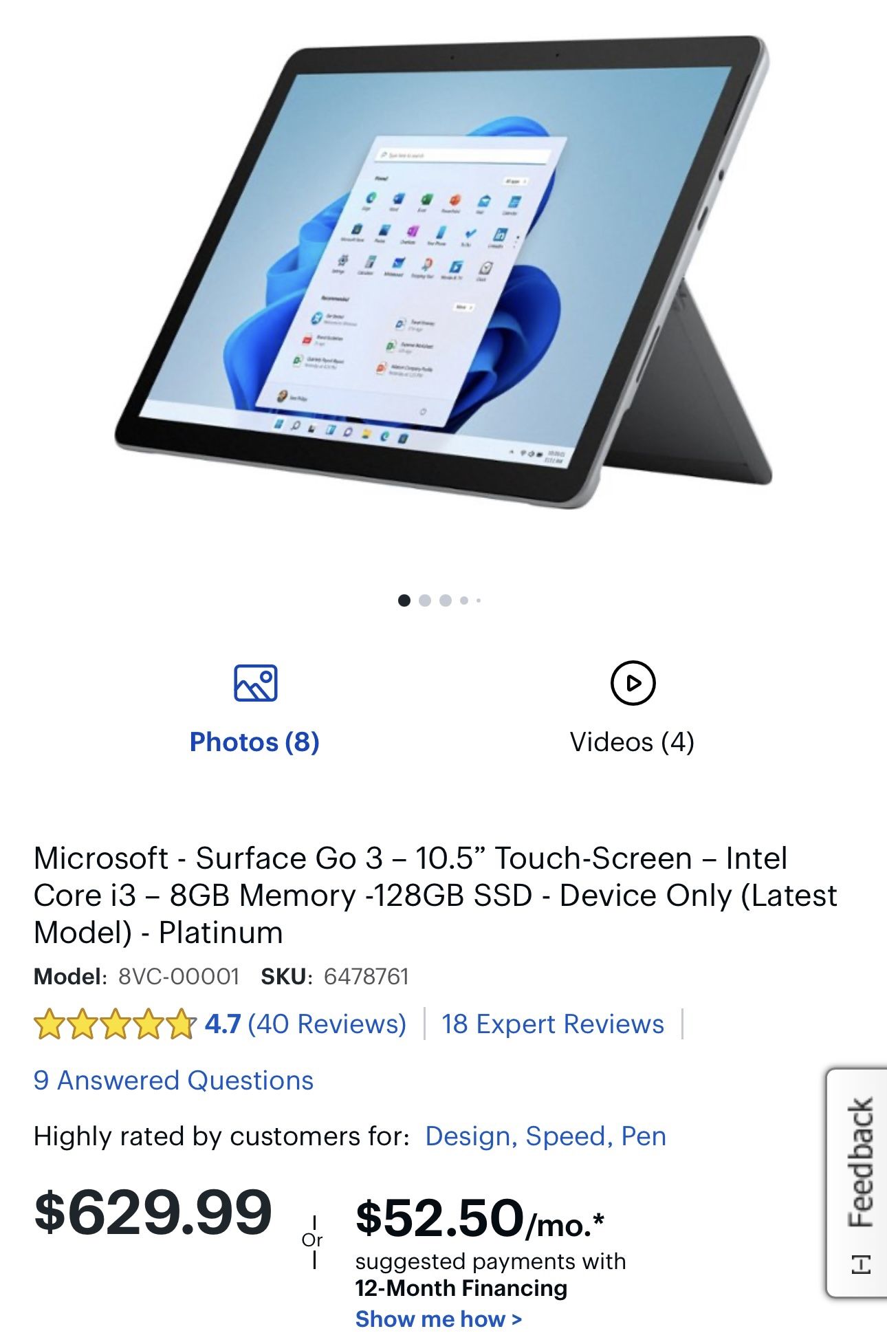Microsoft Surface Go 3 Tablet 128gb