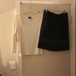 Ann Taylor Set : White Top And Blue Embroidered skirt 