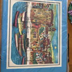 Framed Boat Scene 50’s Colorful Cheerful